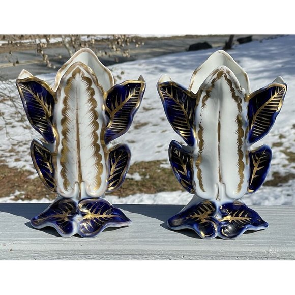 PAIR of Antique Victorian Blue Gilt Porcelain Leaves Vase Art Nouveau Mantel - Picture 6 of 16